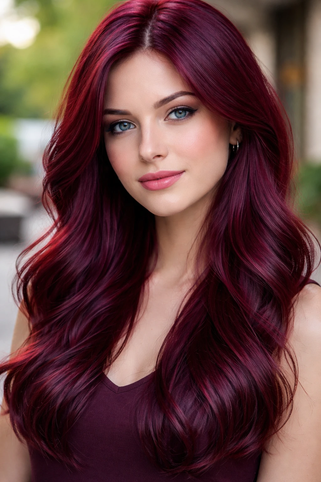 Close-up of a real woman with Iced Berry Red hair color, cool tones.