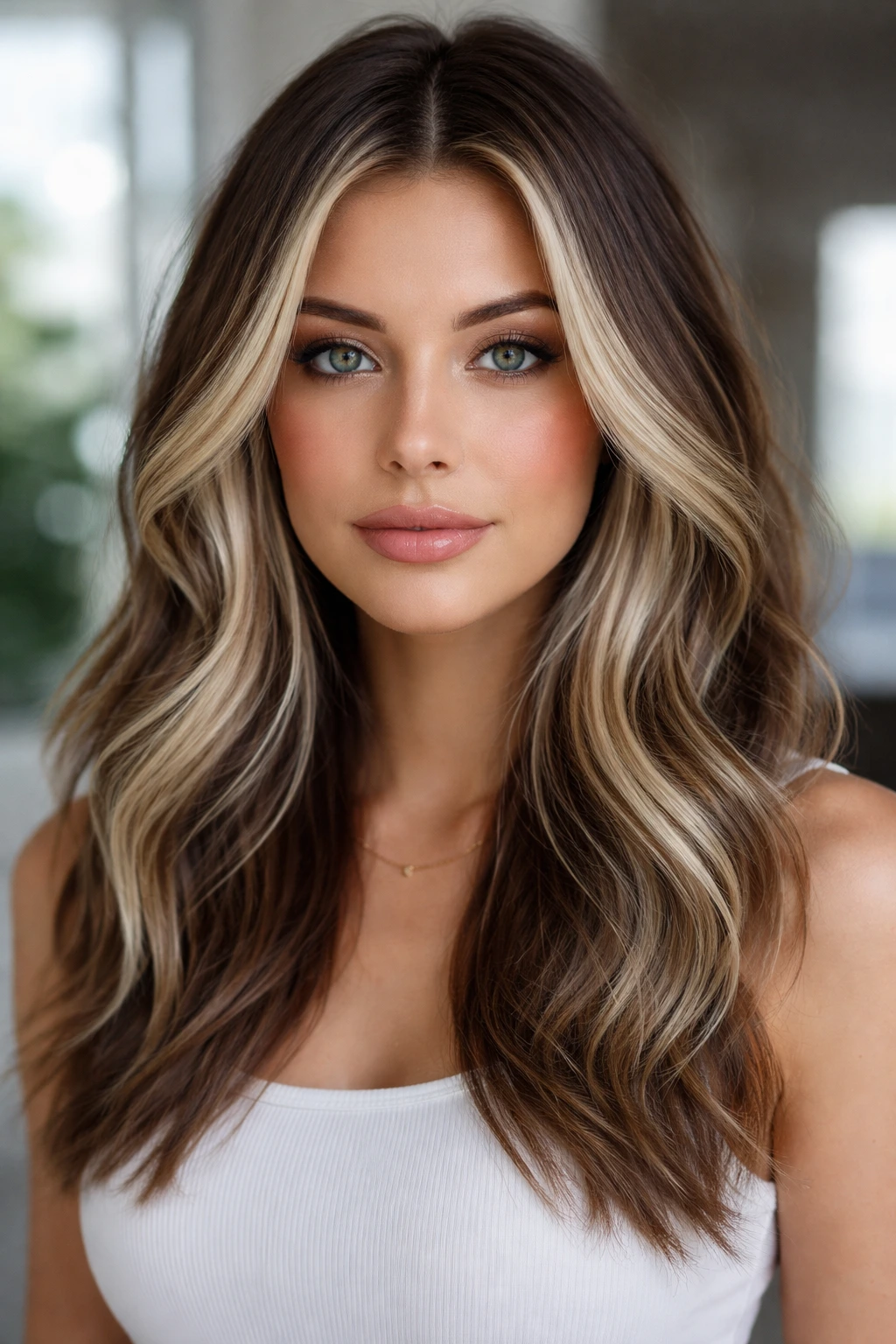 Close-up of a woman with iced brunette hair and blonde curtain pieces framing her face.