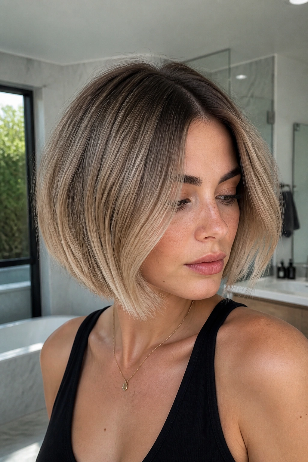 Close-up portrait of bob hairstyle with iced caramel and soft root shadow on real person