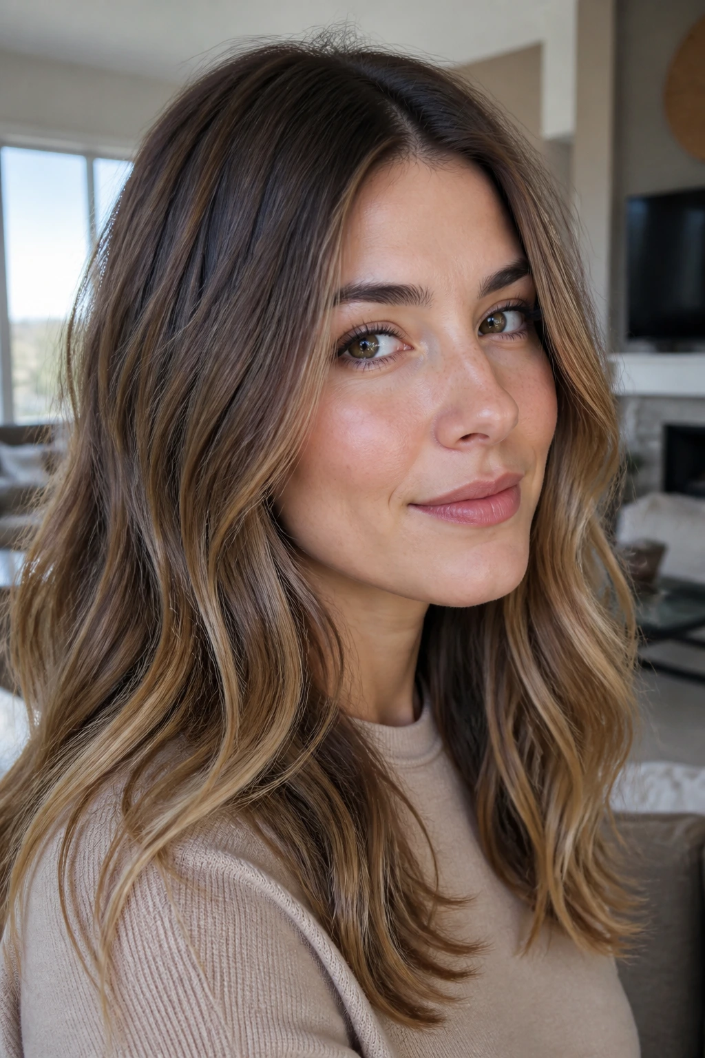 Close-up of a real person with iced caramel brown hair in beige-ash tones.