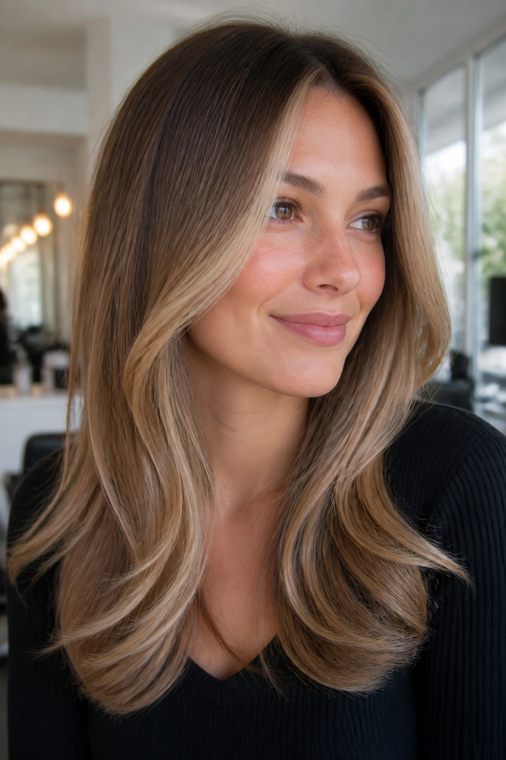 Close-up of a real woman with iced caramel face-framing layers