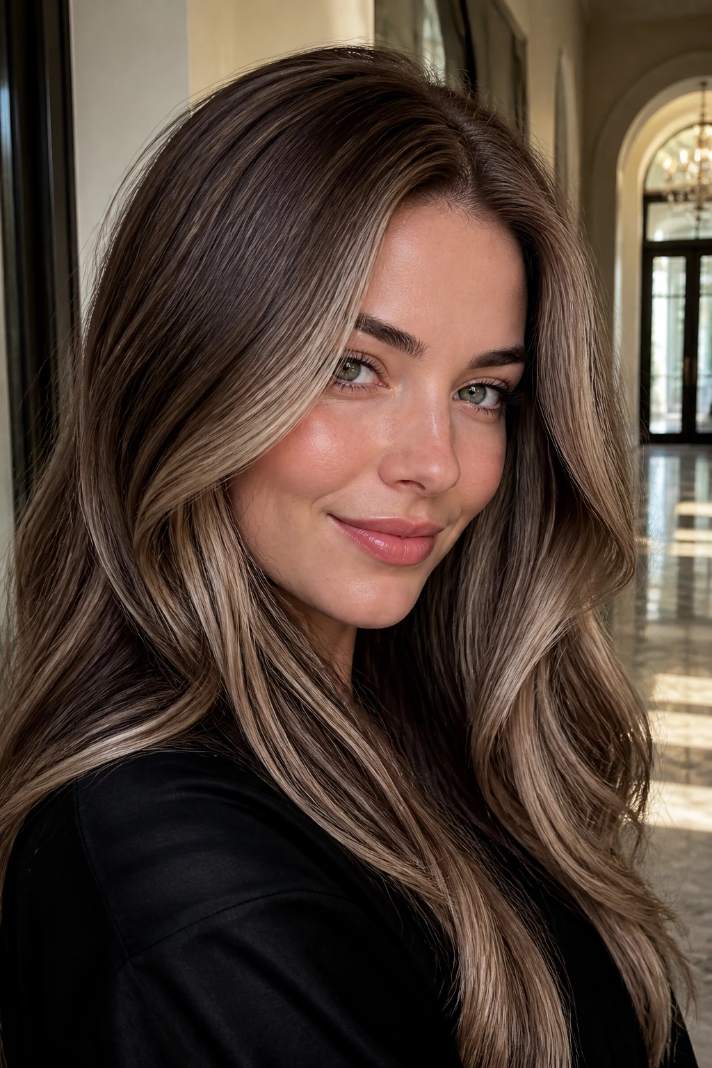 Close-up of woman with iced chestnut bronde hair