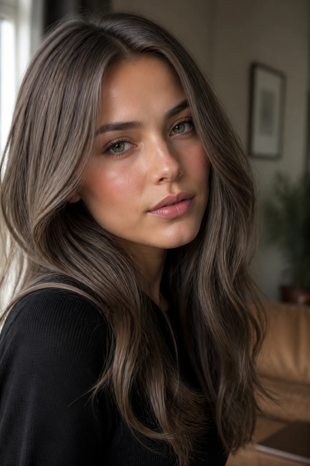 Portrait of a person with medium-to-light brown hair in iced cocoa brown shade