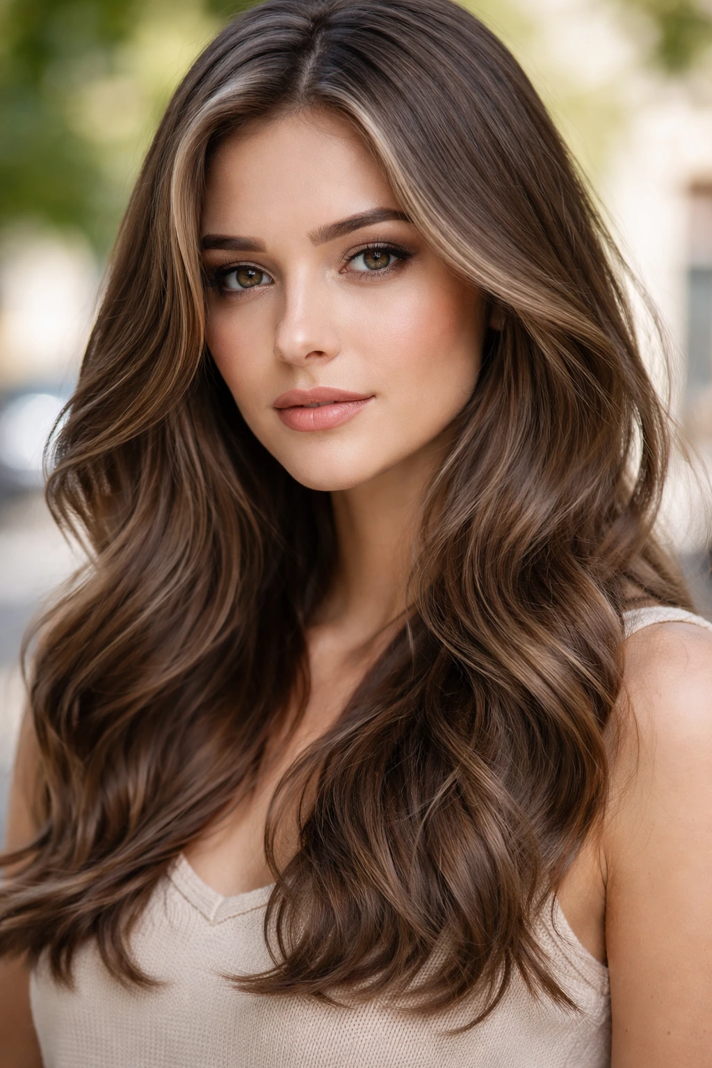 Portrait of person with iced coffee brown hair and ash-toned babylights in natural light