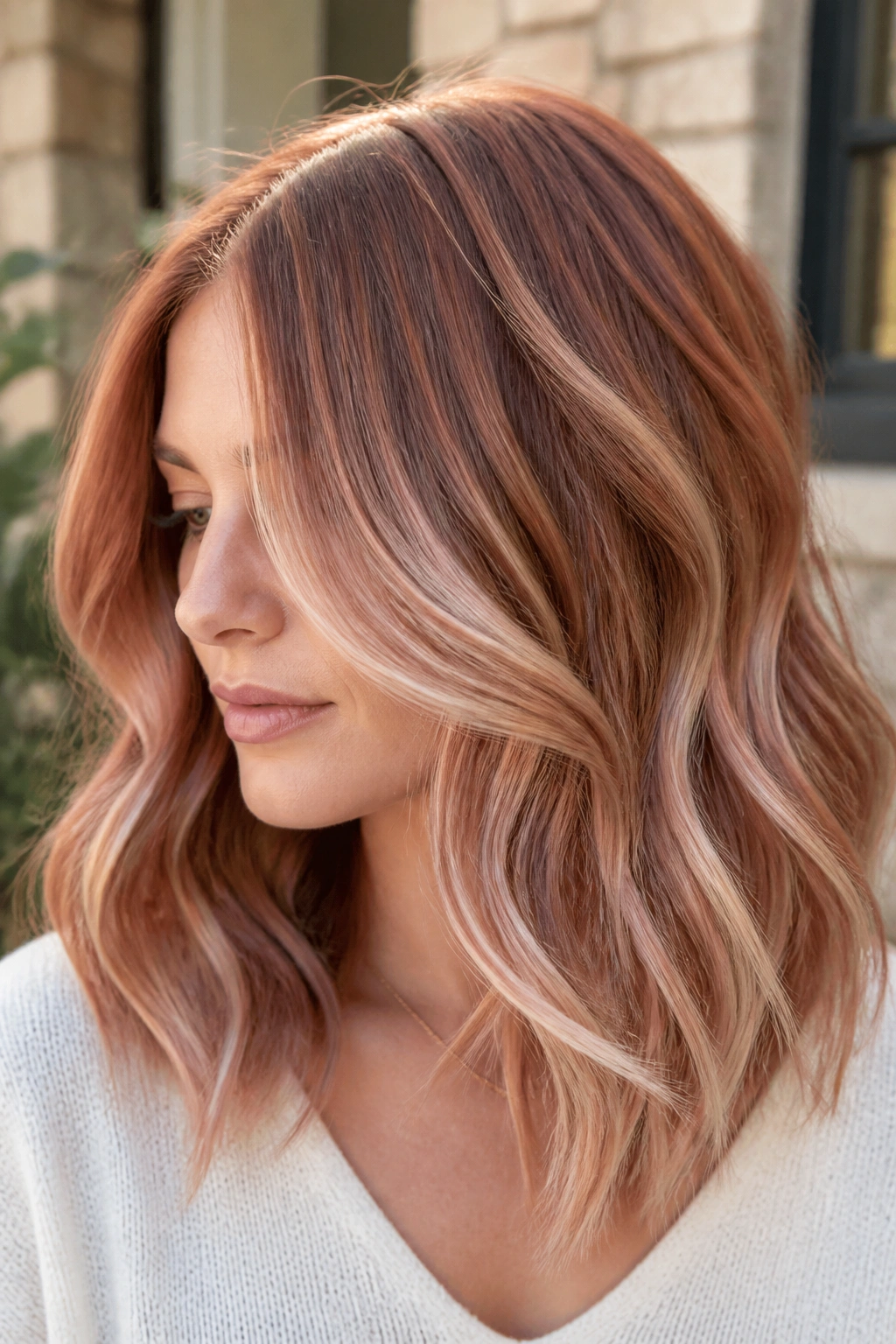 Portrait of a woman with iced copper balayage, cool copper tones balanced with pearl blonde, in natural daylight