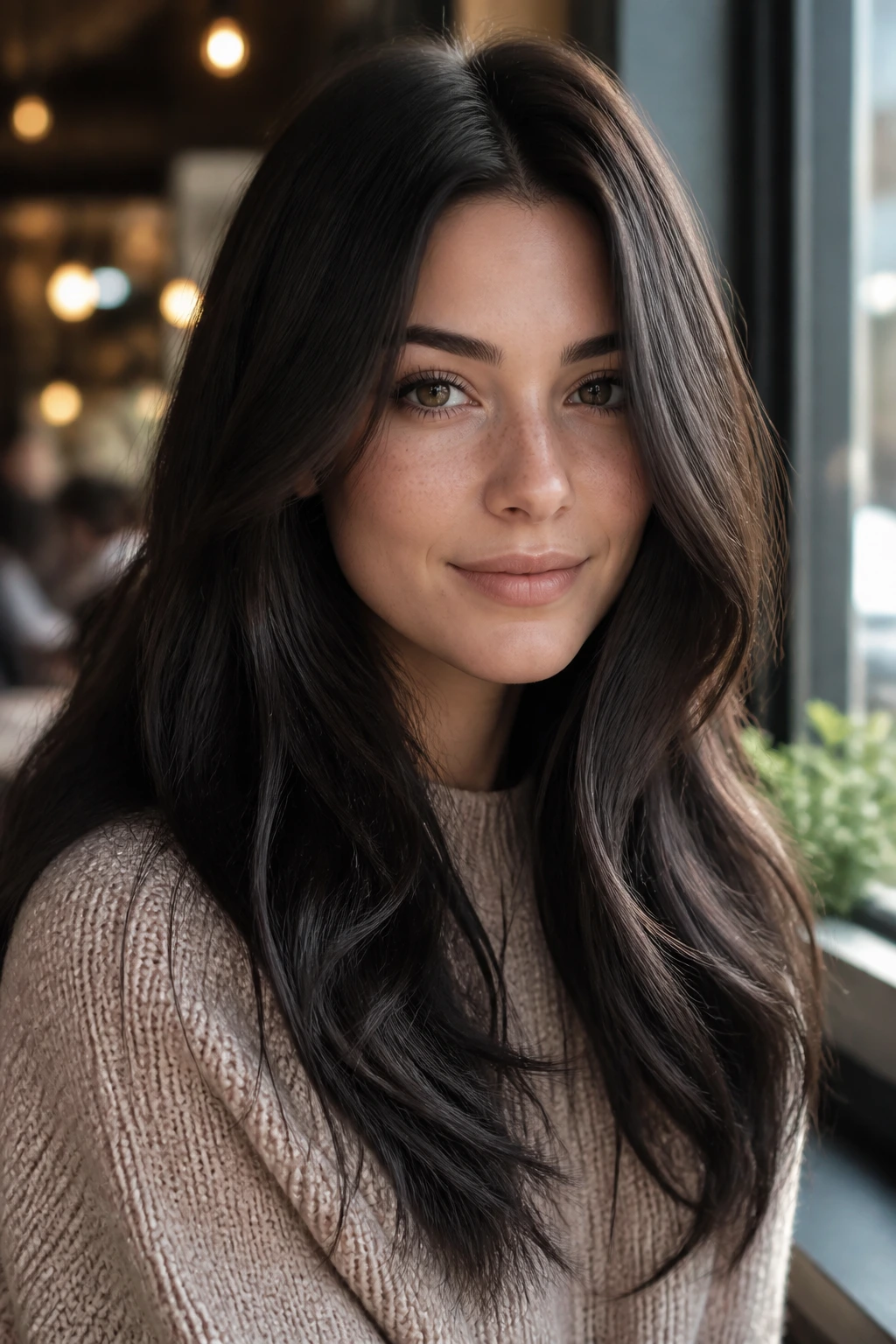 Close-up portrait of a real woman with icy blue-black hair in a cafe setting