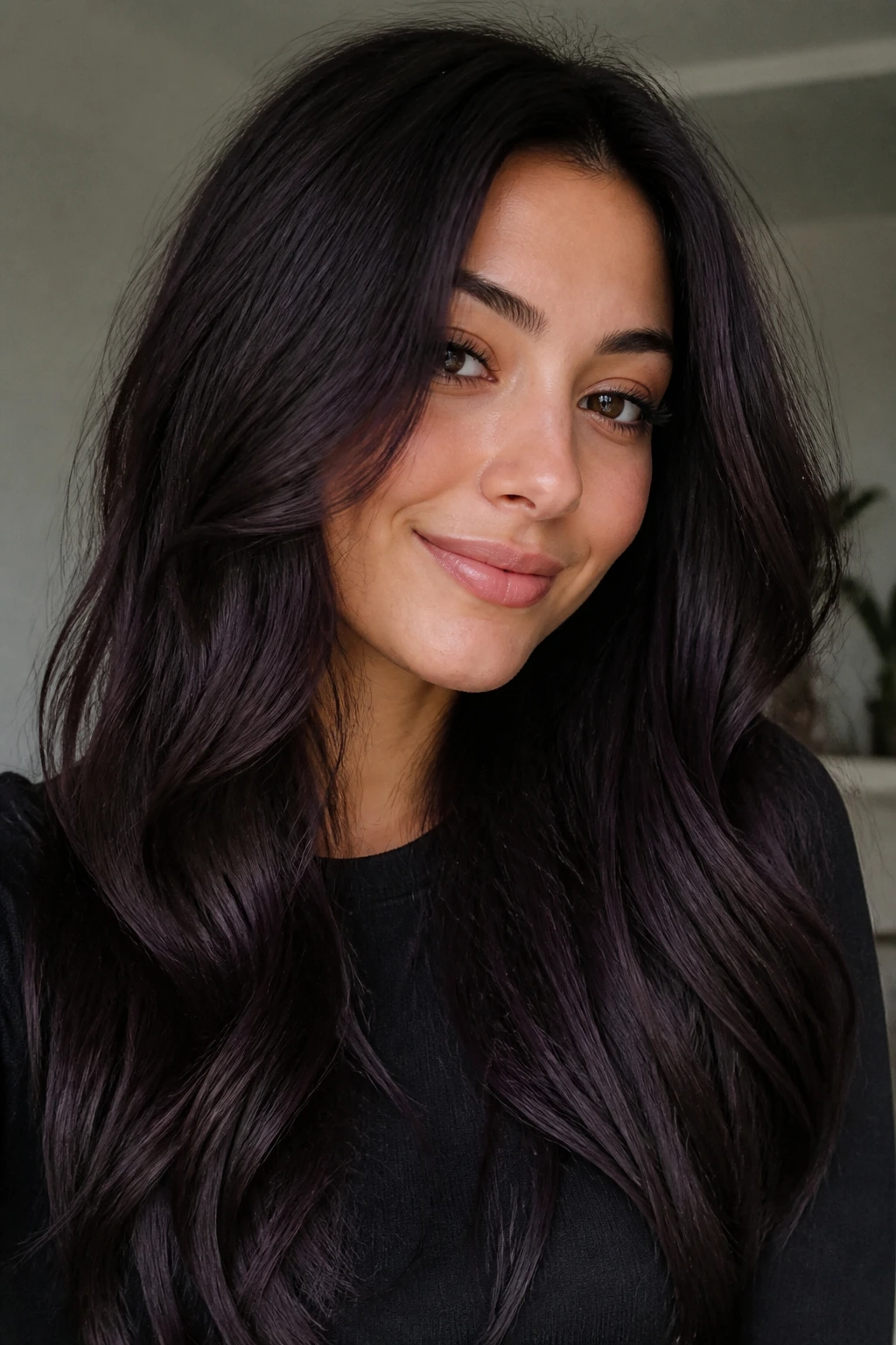 Close-up of real person with iced espresso brunette hair