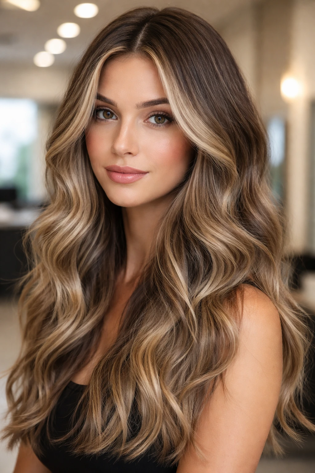 Close-up of a real person with iced honey balayage in a modern salon setting.