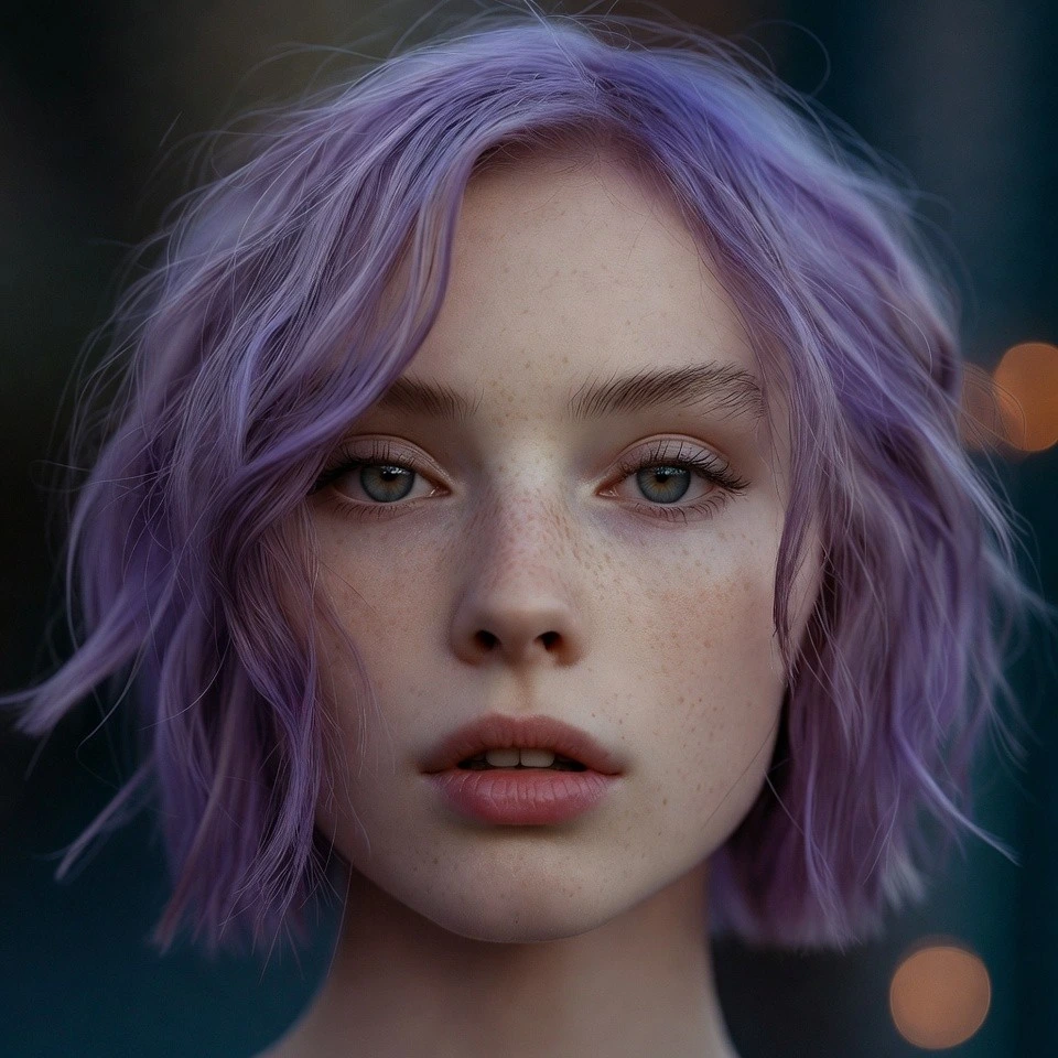 Woman with a crisp iced lavender bob in dim blue evening light