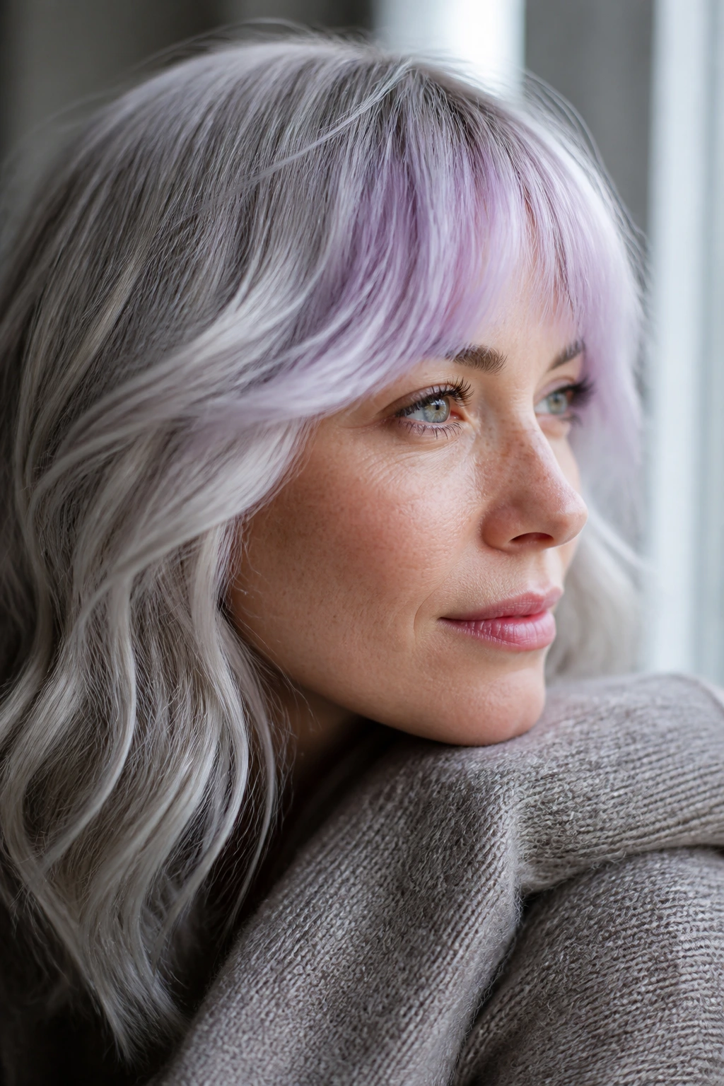 Close-up of a real person with pale lilac fringe near the face.