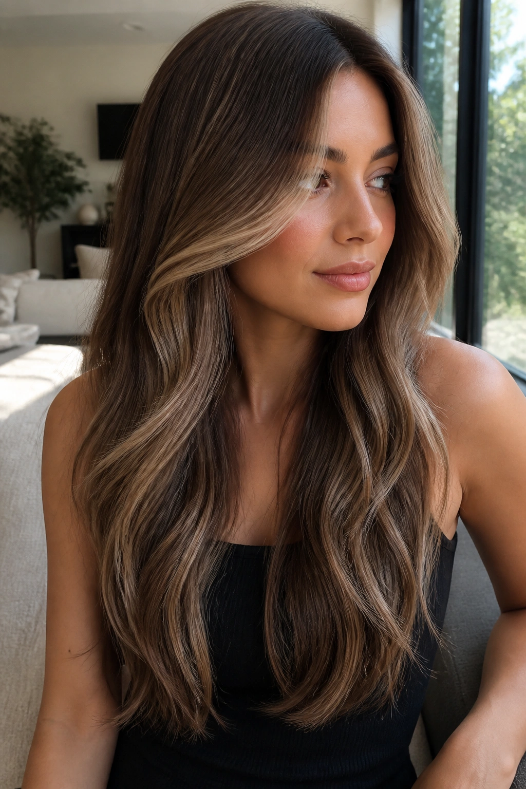 Close-up of a real woman with iced mocha balayage on long layered brunette hair