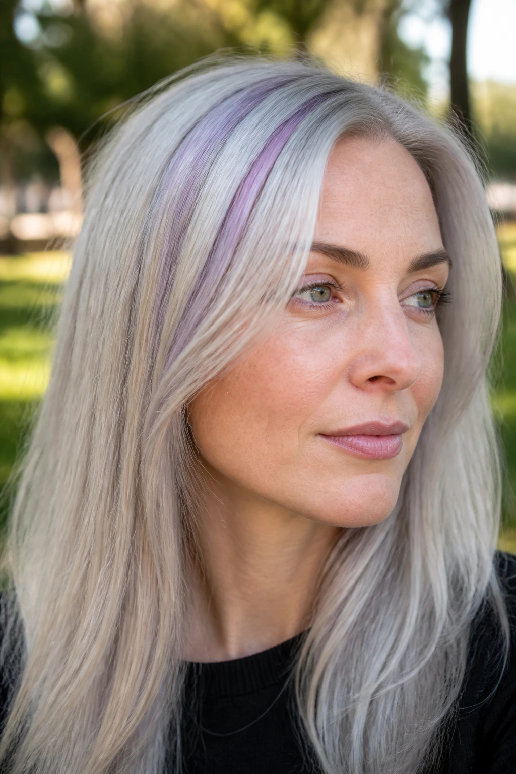 Real person with icy amethyst highlights in pale silver hair outdoors.