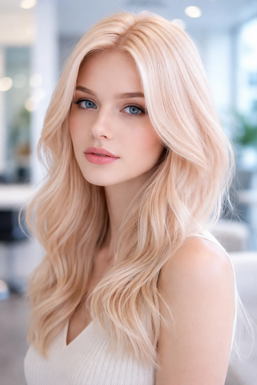 Close-up of icy apricot hair on a real person with cool lighting