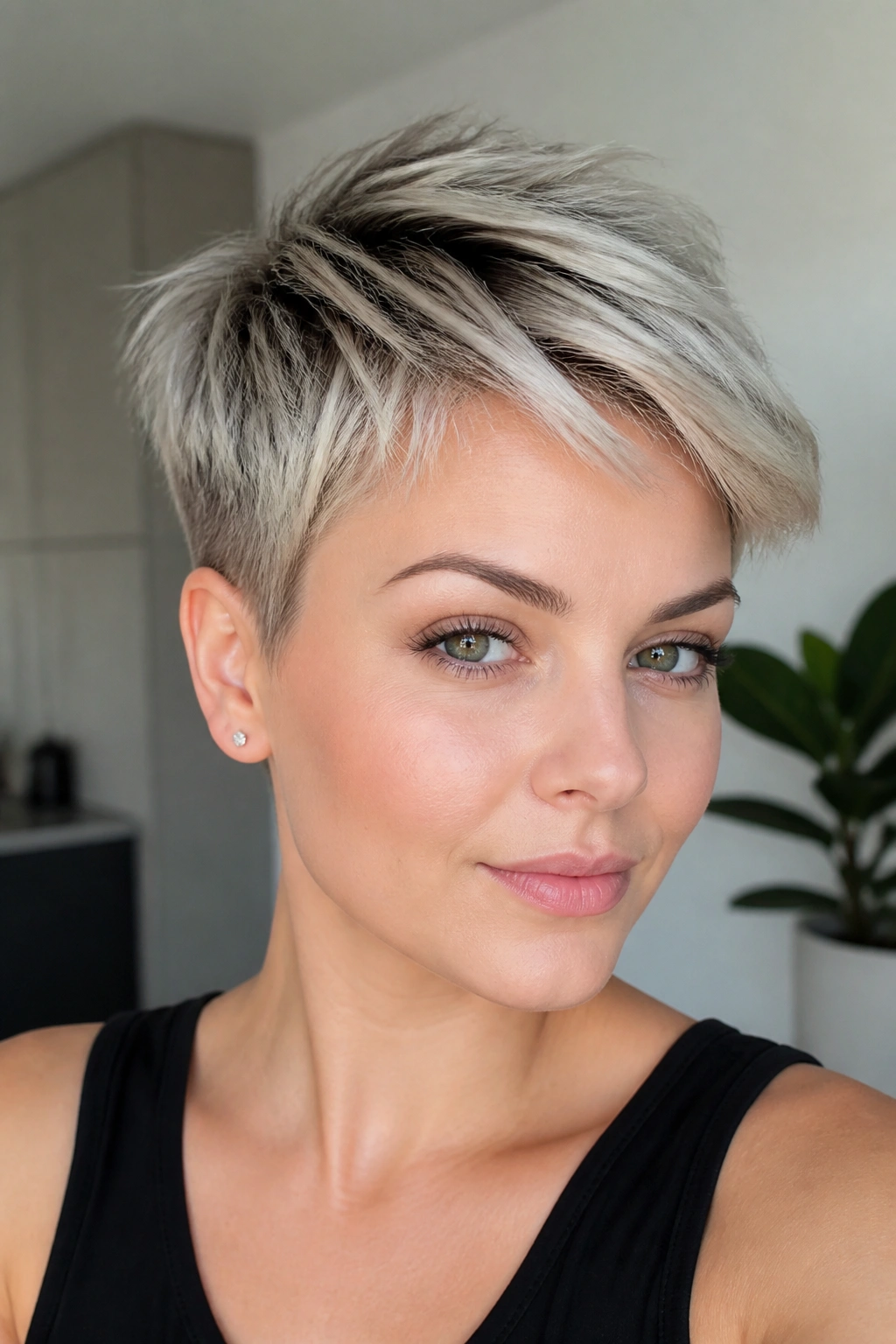 Portrait of a woman with icy ash blonde pixie and darker root shadow
