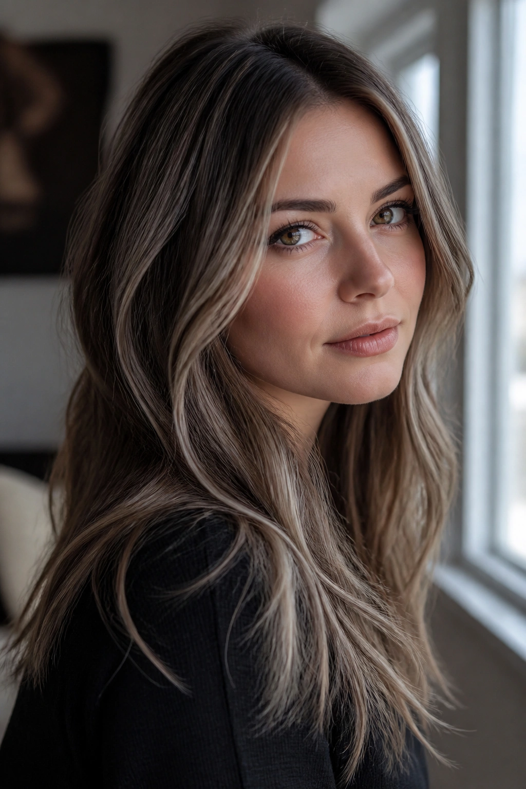 Close-up portrait of a woman with icy ash brown hair and cool-toned highlights