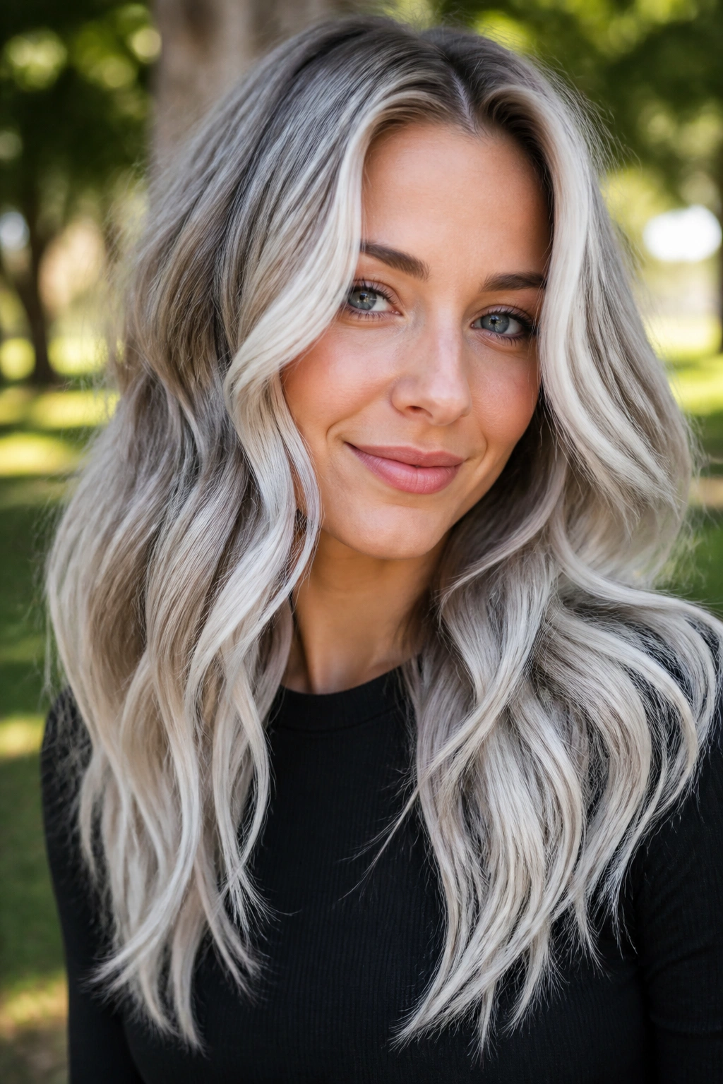 Close-up portrait of a real woman with icy balayage on long waves
