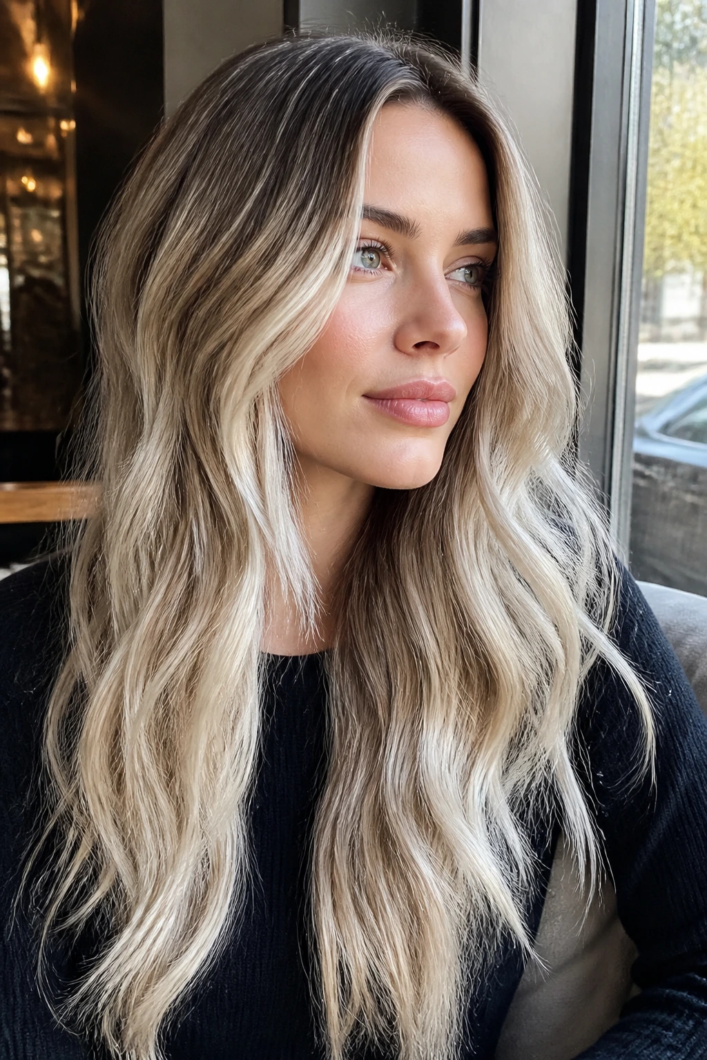 Close-up of a real woman with icy beige blonde balayage and soft waves.