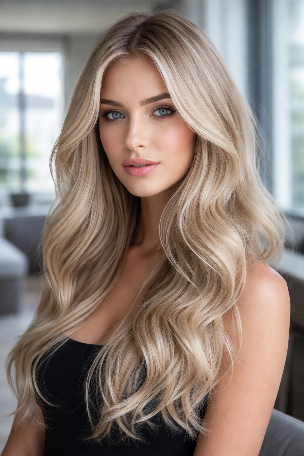 Close-up of a person with icy beige hair color in cool daylight setting.