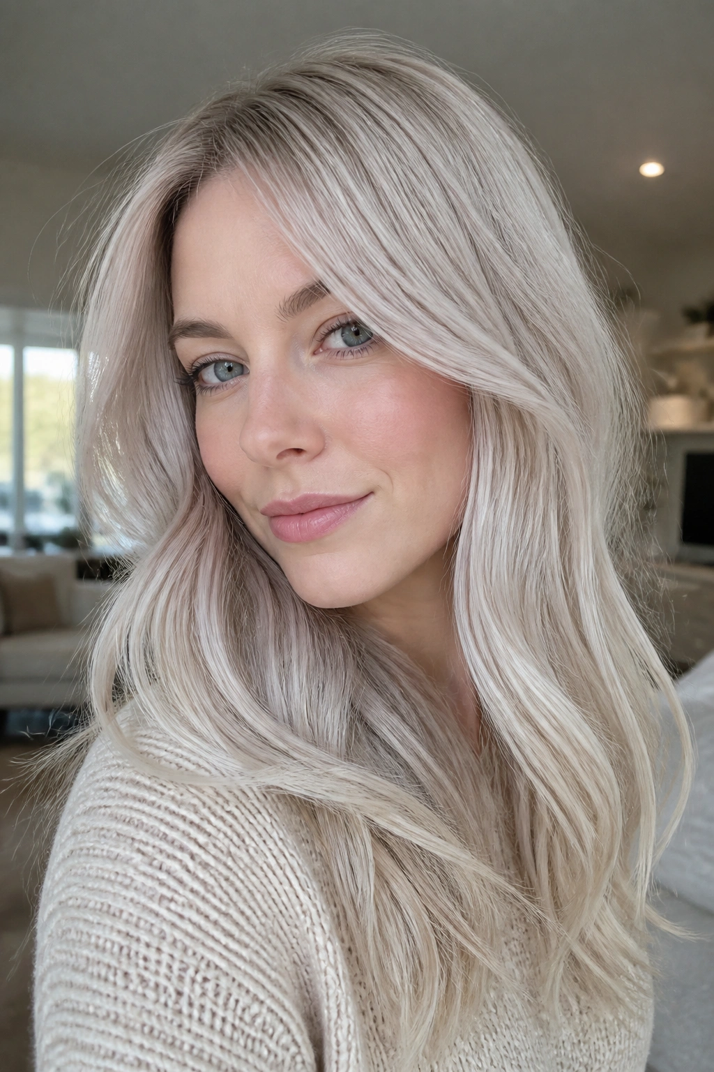 Real person with icy beige blonde hair in a cozy living room with natural light.