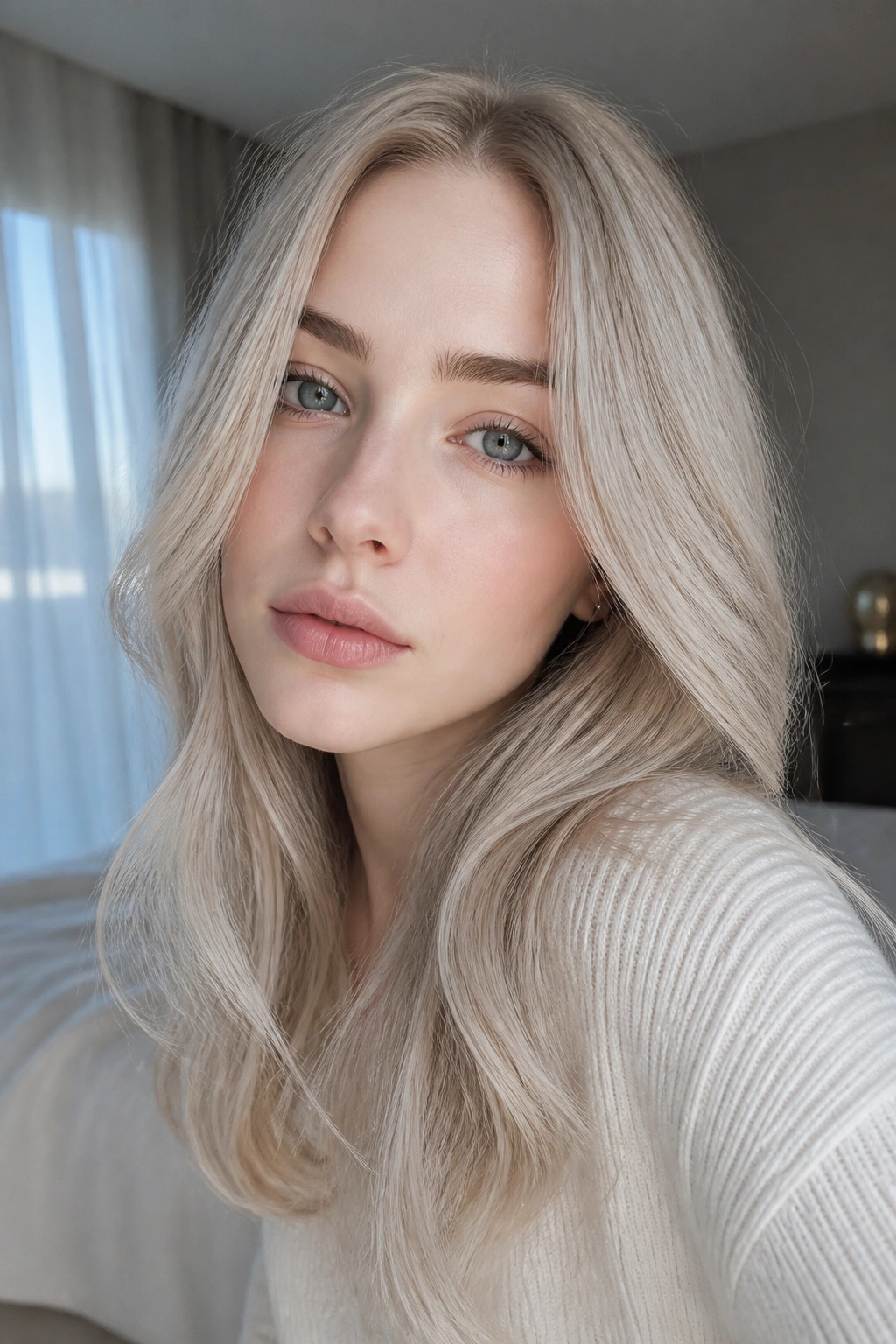 Close-up portrait of a real person with icy beige blonde hair and cool skin