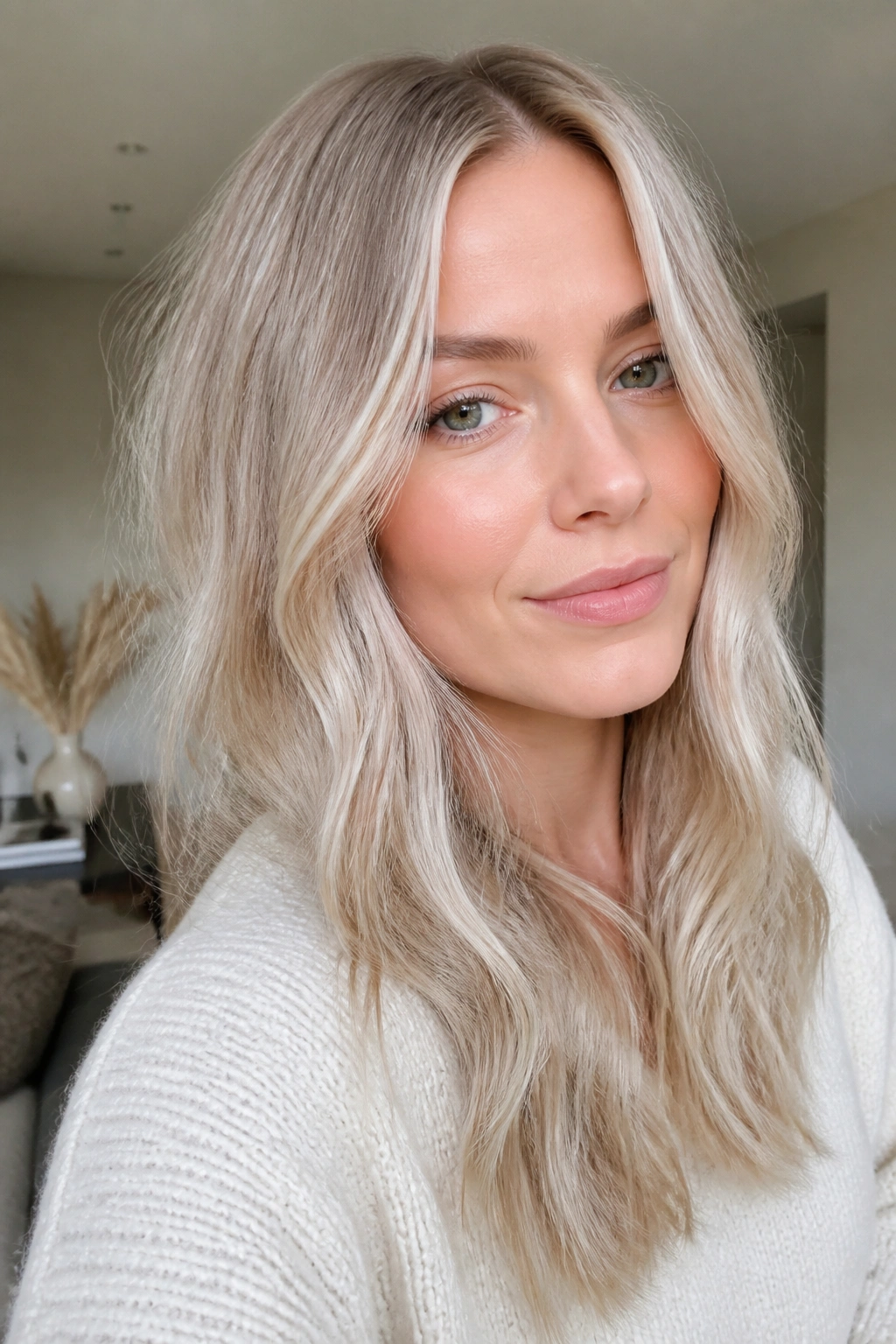 Close-up portrait of a real person with icy beige blonde hair in a neutral living room