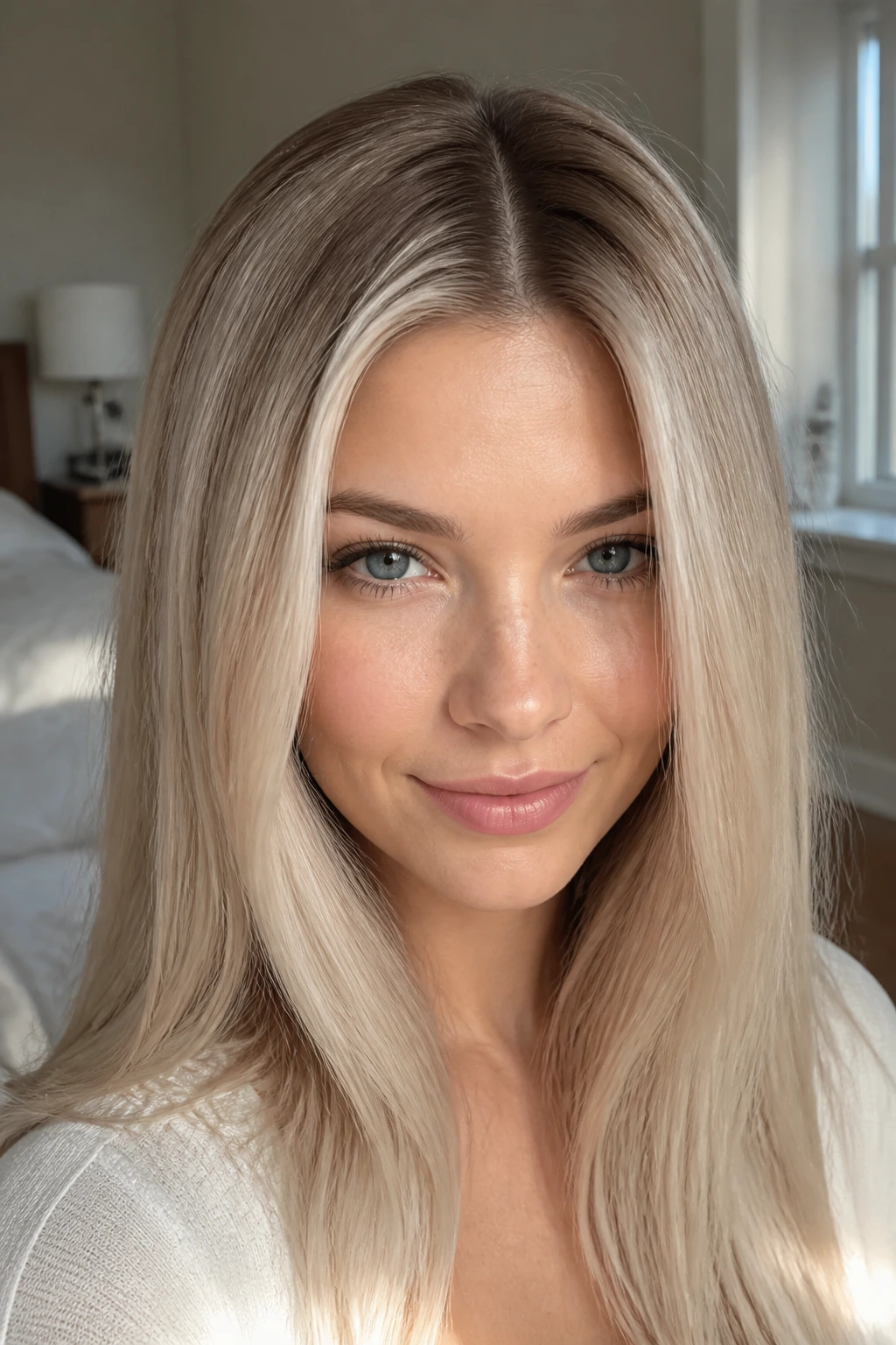 Close-up portrait of a real person with icy beige blonde hair and a soft shadow root