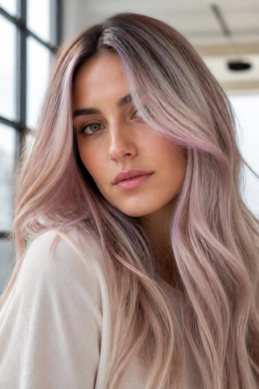 Close-up of a real woman with icy beige hair and pink smoke highlights in bright natural light.