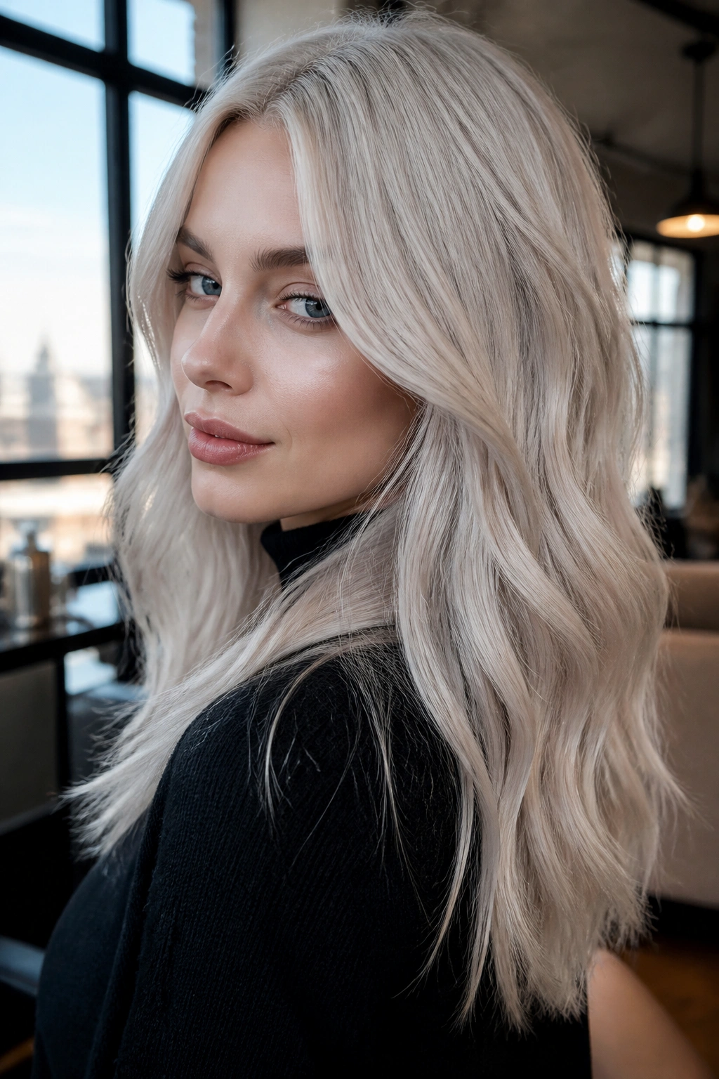 Close-up of a real person with icy beige platinum hair and cool skin.