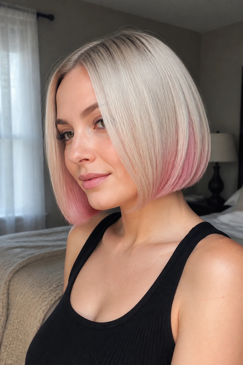 Close-up of a real woman with an icy blonde sleek bob and pink underlayer