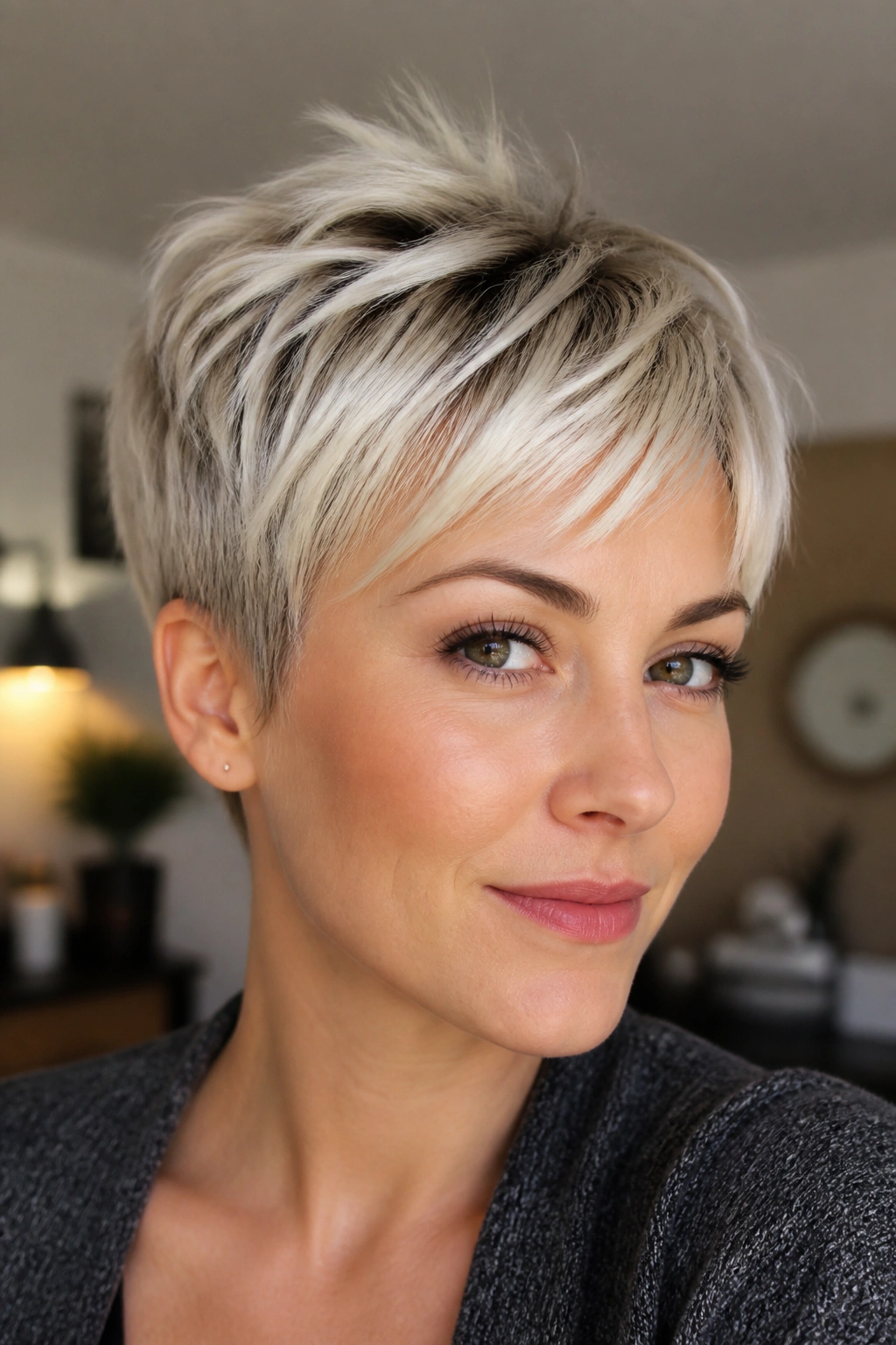 Close-up portrait of a real woman with icy blonde dark-root pixie.