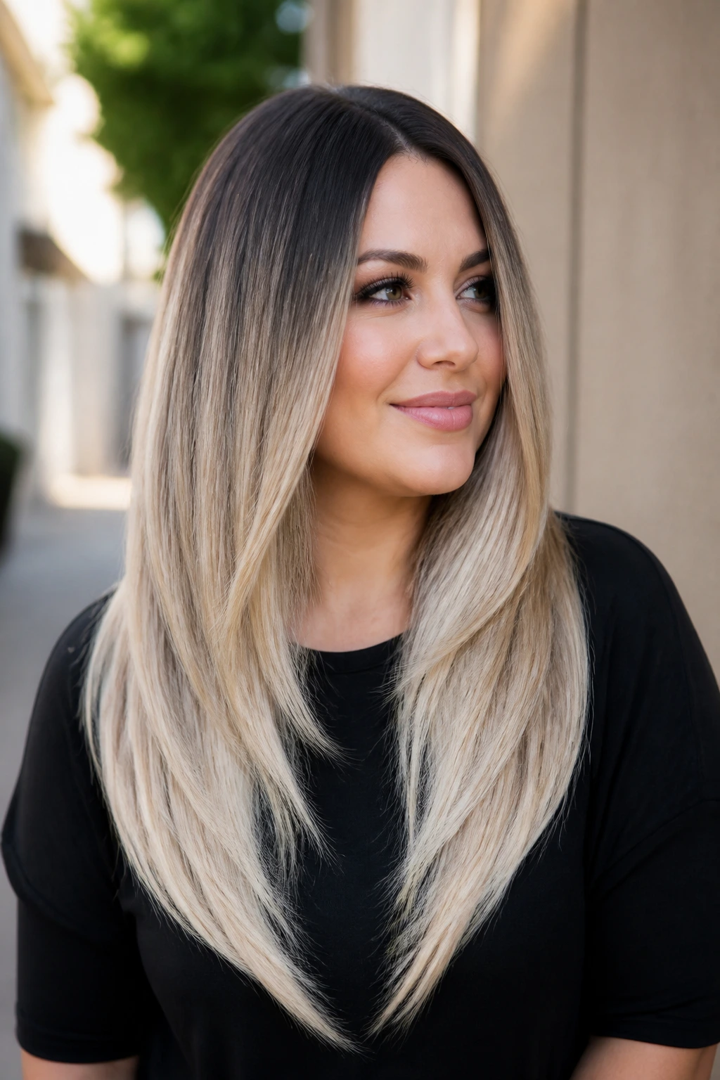 Close-up portrait of a real woman with icy blonde ends on a long V-cut and dark roots