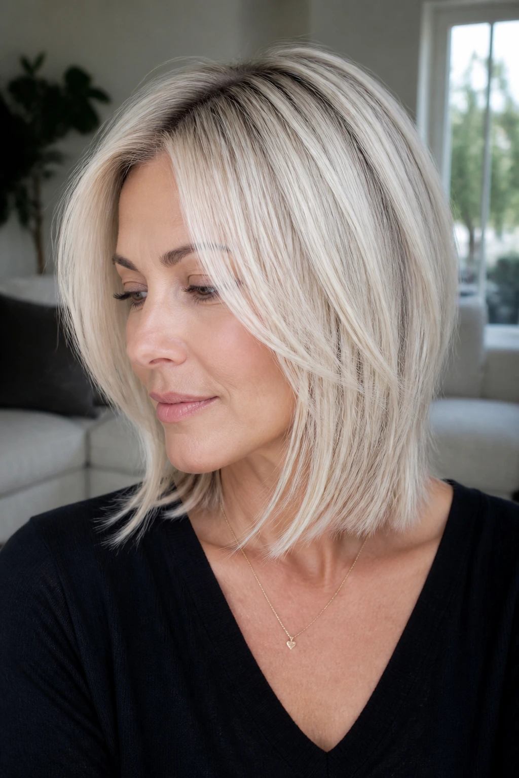 Portrait of woman with icy blonde micro-layer lob showing subtle internal layers.