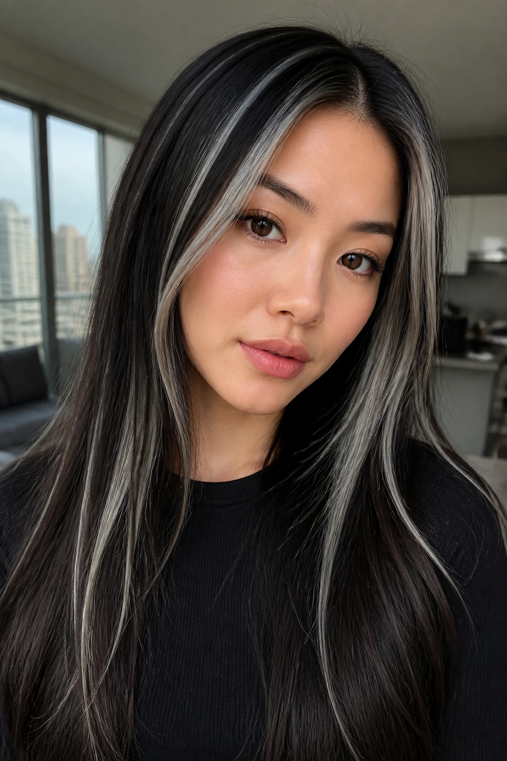 Close-up of a real person with icy blonde micro-ribbons in black hair.