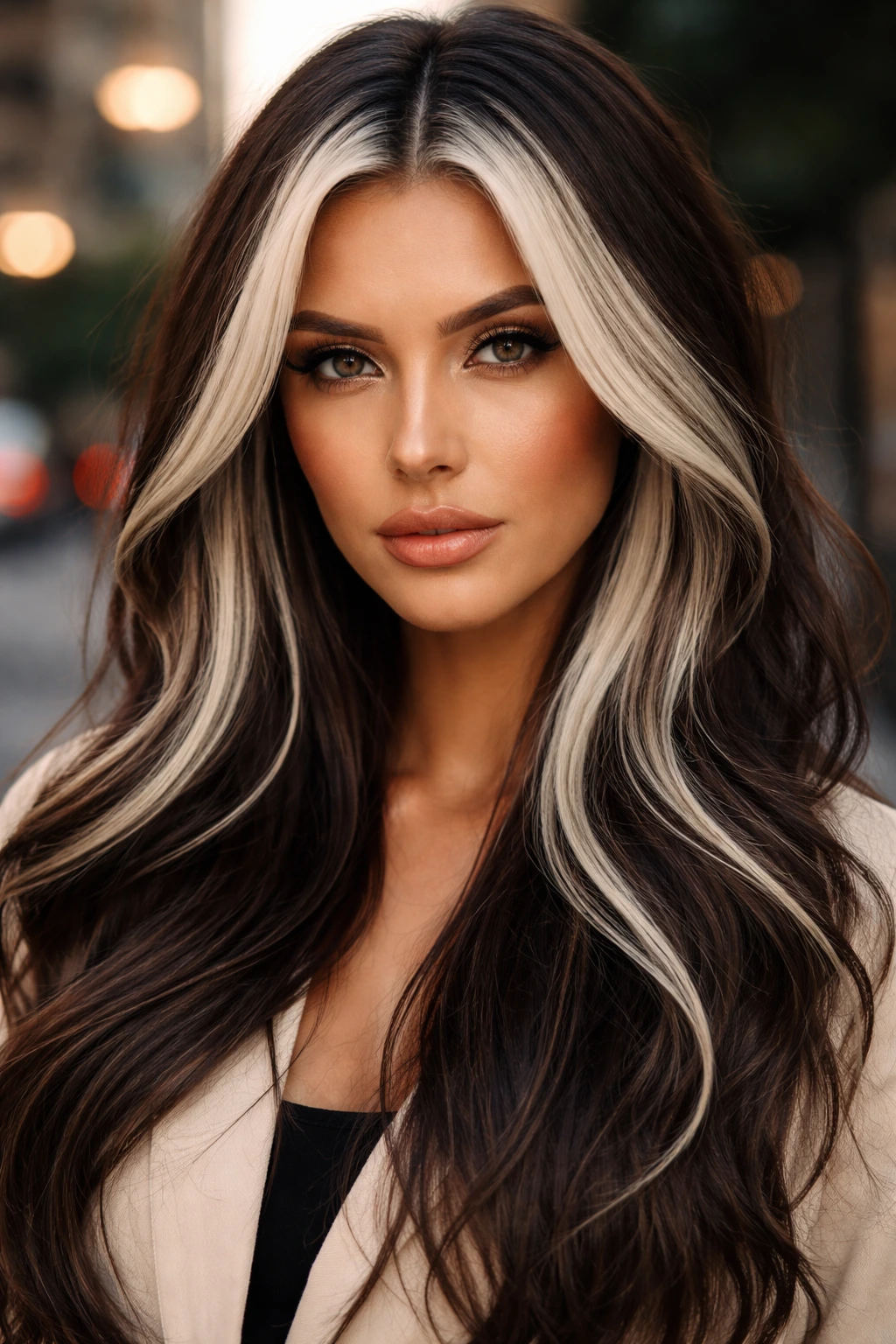 Close-up of brunette with icy money-piece framing the face outdoors at dusk