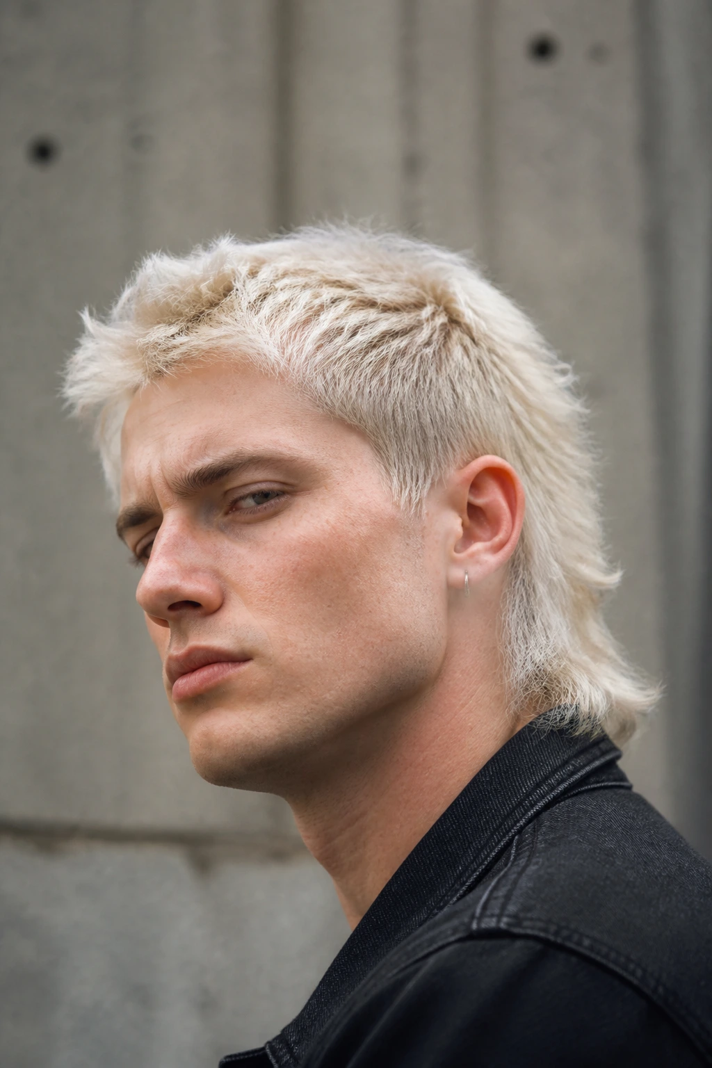 Portrait of a man with an icy platinum blonde mullet and textured back.