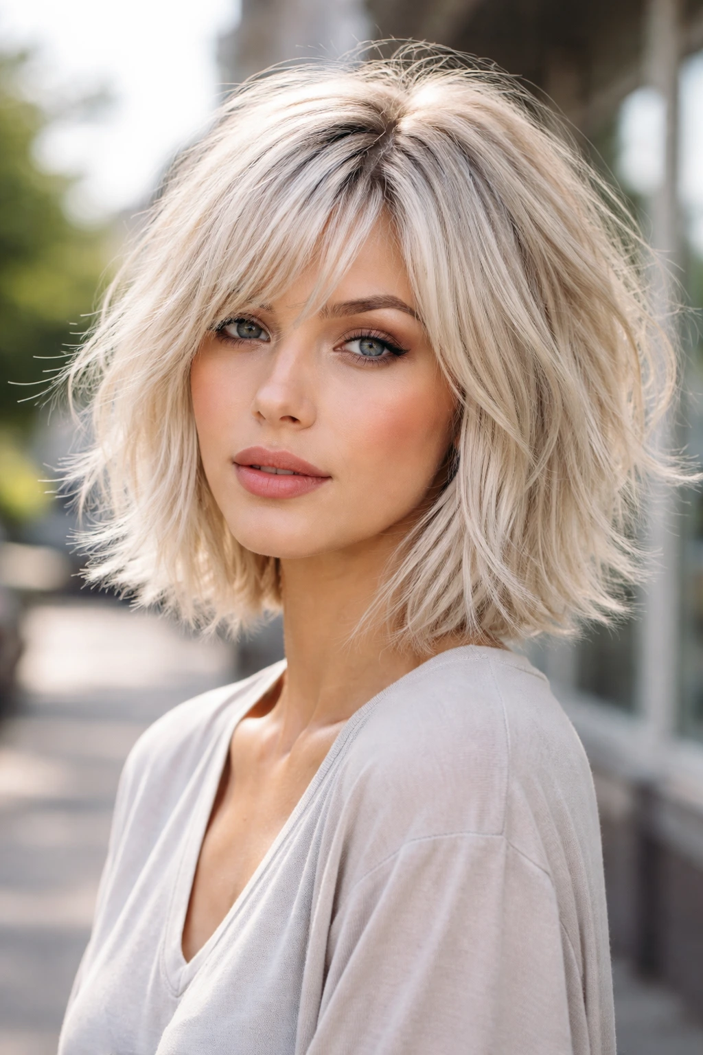 Real woman with icy blonde shaggy bob outdoors in morning light
