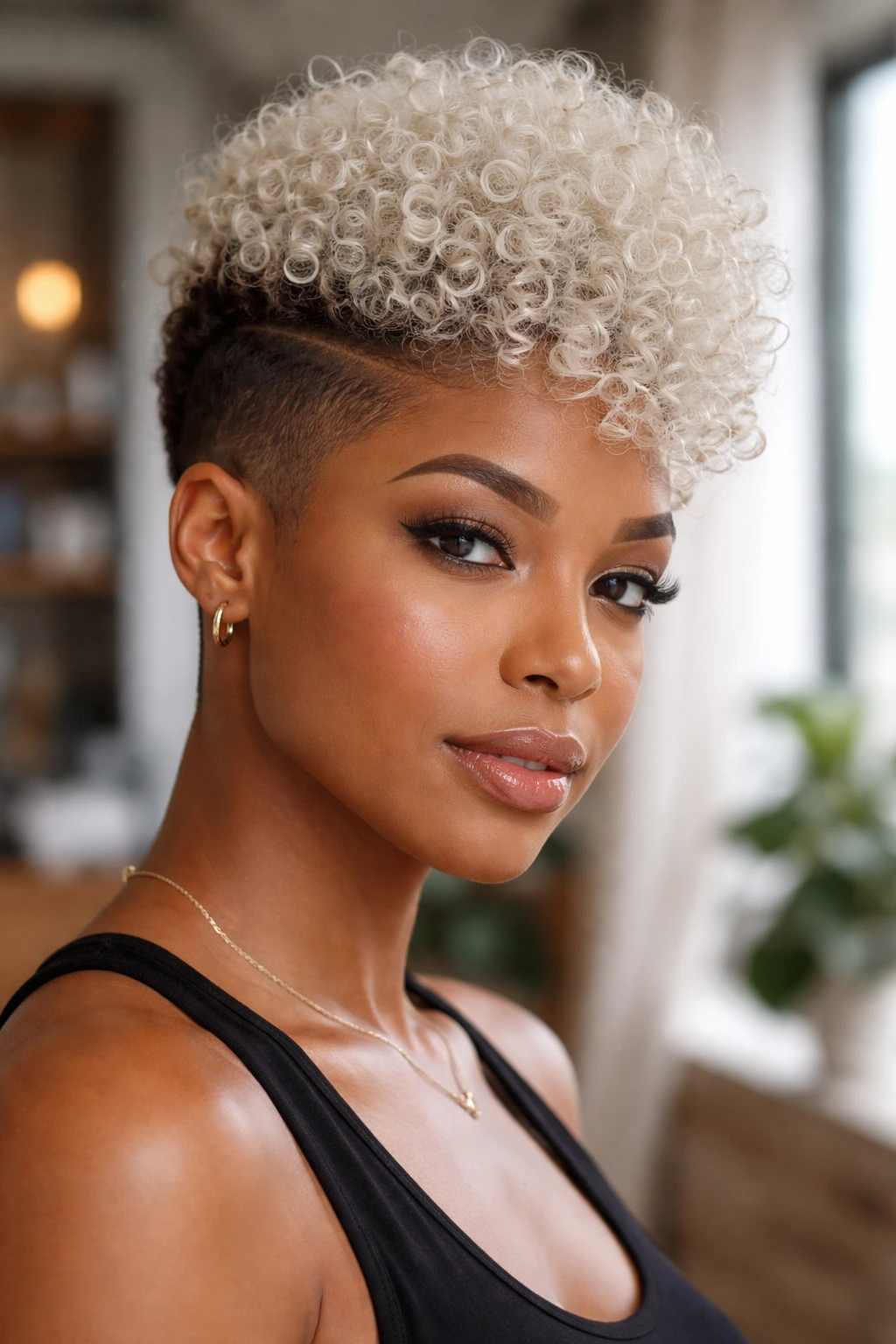 Portrait of a real woman with an icy blonde tapered cut