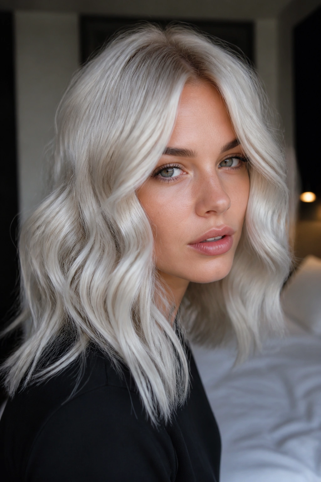 Real woman with icy blonde textured waves under cool indoor lighting.