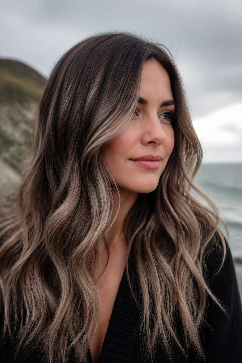 Close-up portrait of a real woman with icy brown melt hair