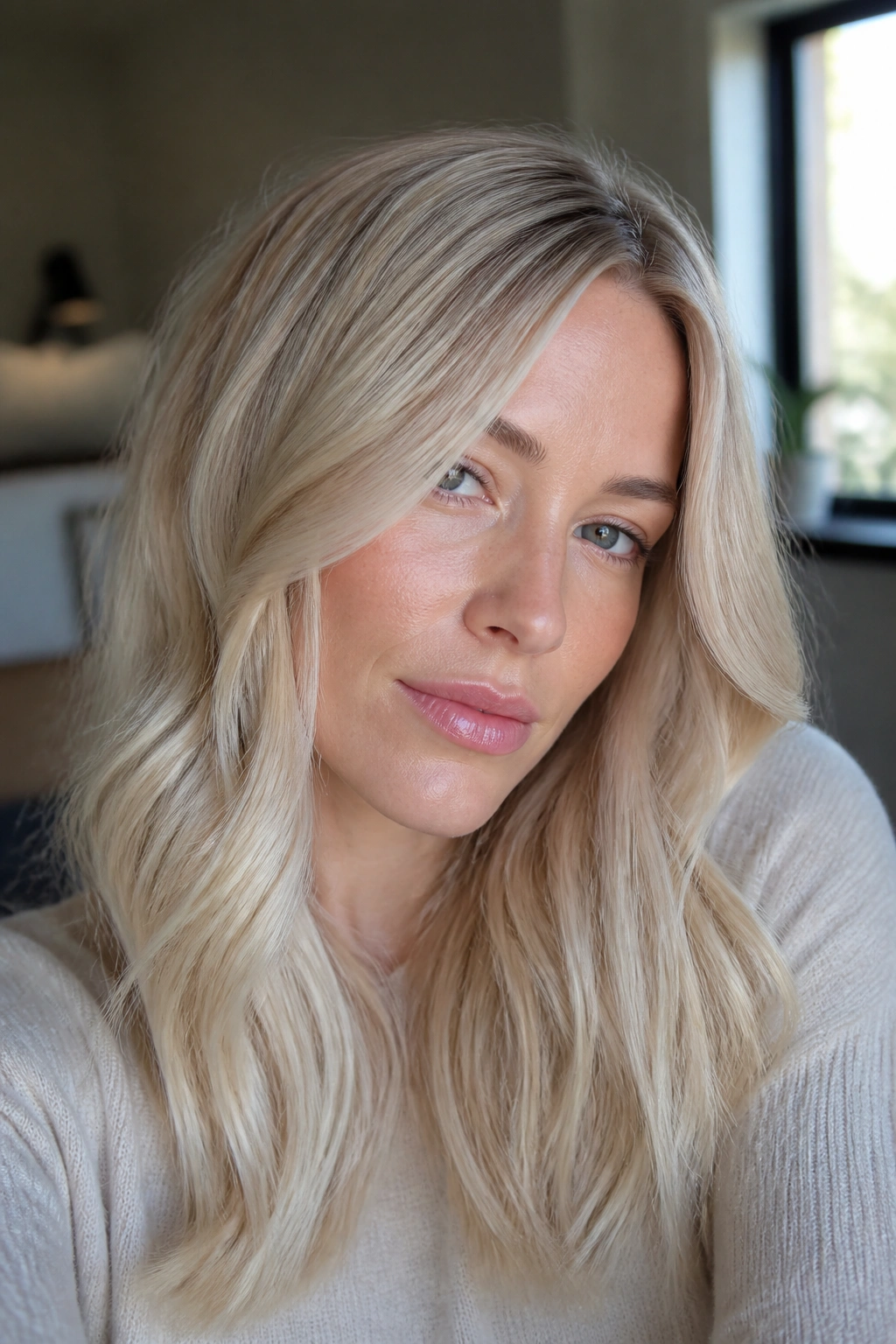 Close-up portrait of a real person with soft icy butter blonde and cool glaze