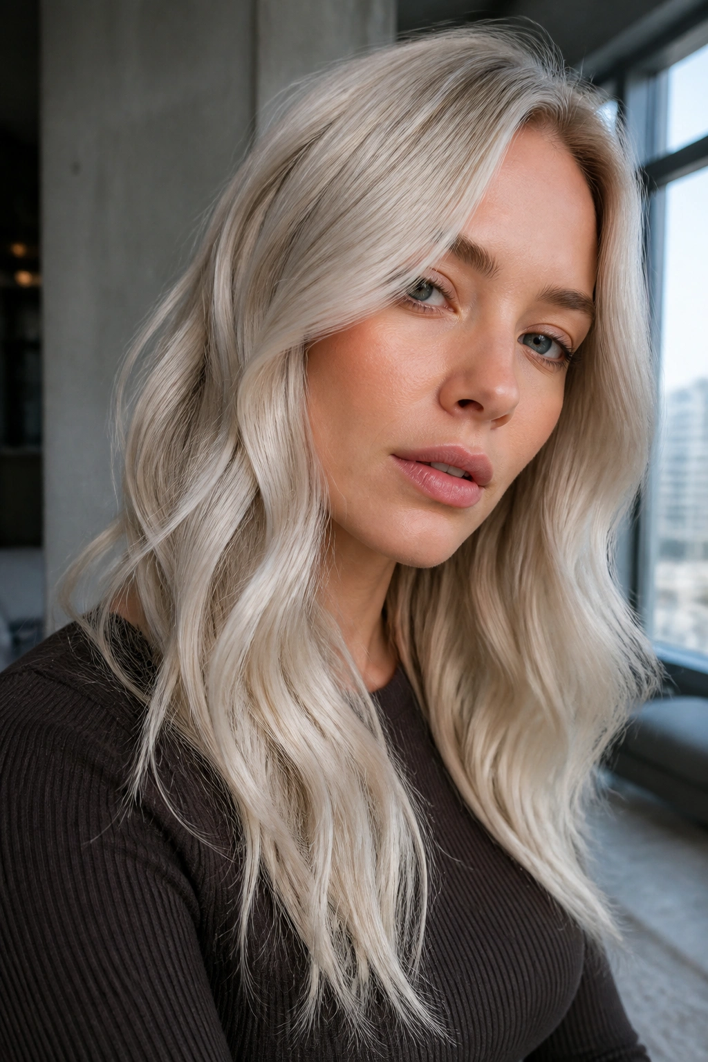 Close-up portrait of a real woman with Icy Champagne Blonde hair in soft waves.