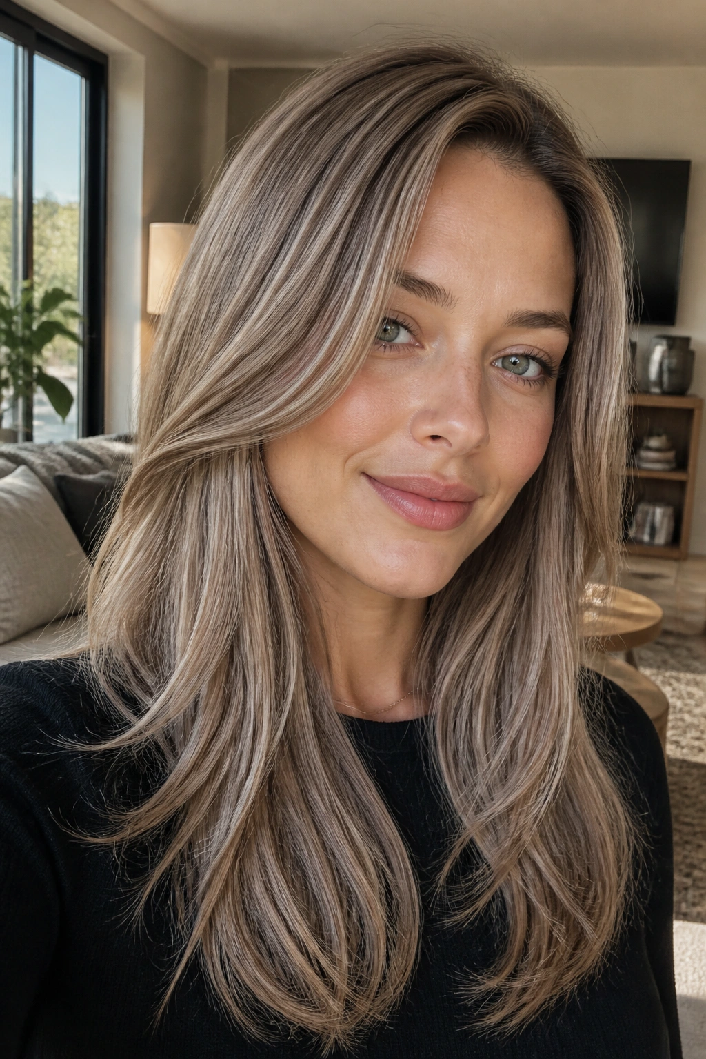Close-up portrait of a woman with icy champagne brown hair in cool daylight