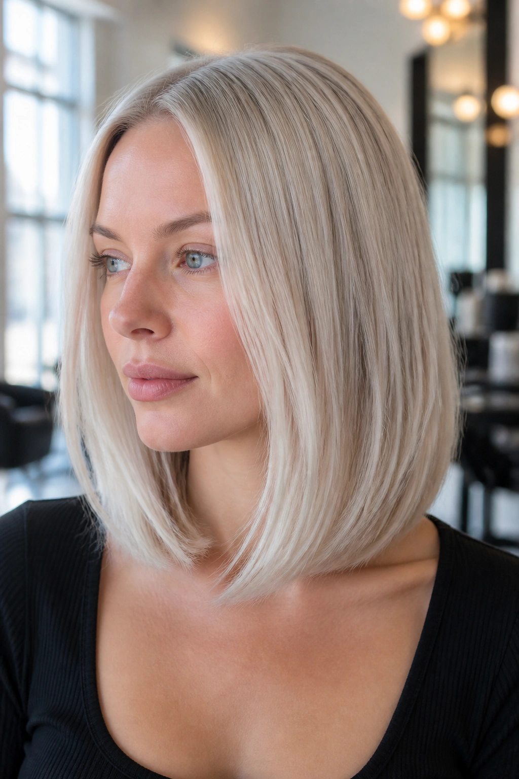 Close-up portrait of a real woman showing an icy champagne lob hairstyle with pearl-silver tones
