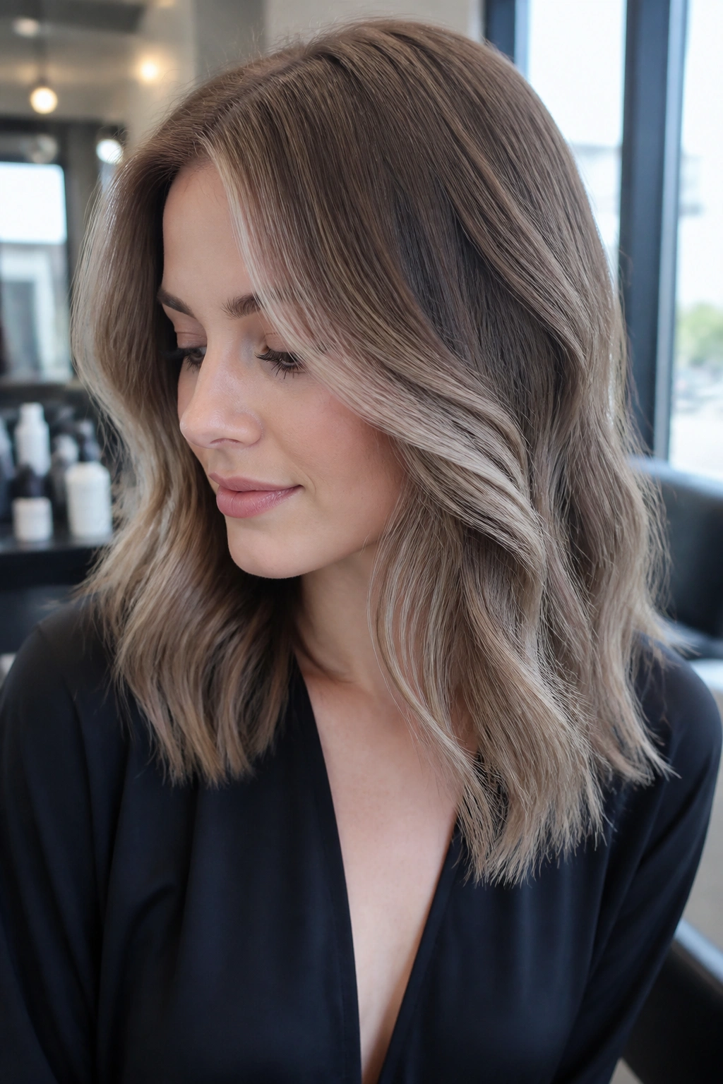 Close-up portrait of a real woman with icy chestnut glaze in cool lighting