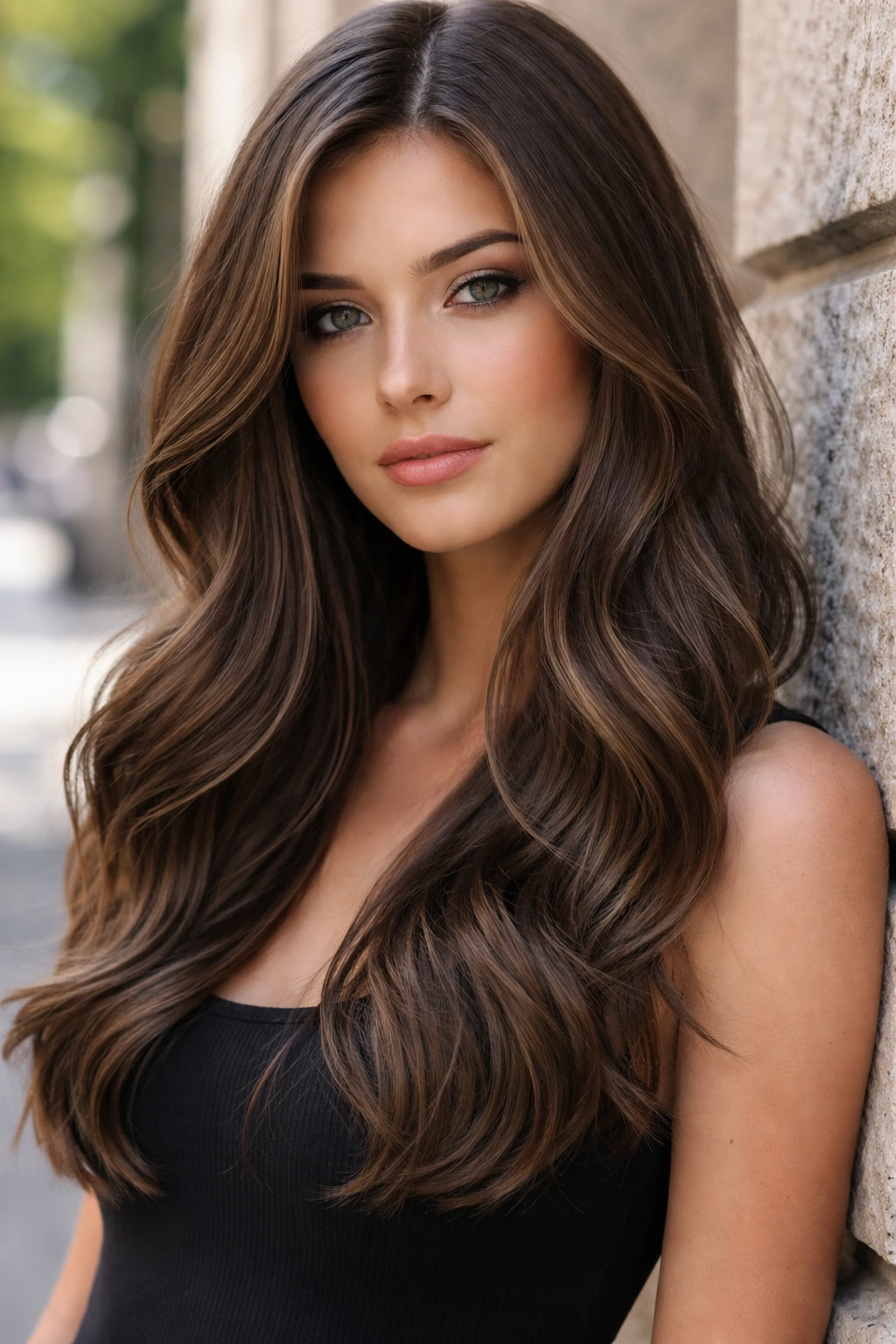Close-up portrait of a real woman with Icy Chestnut hair in an urban sunlit setting.