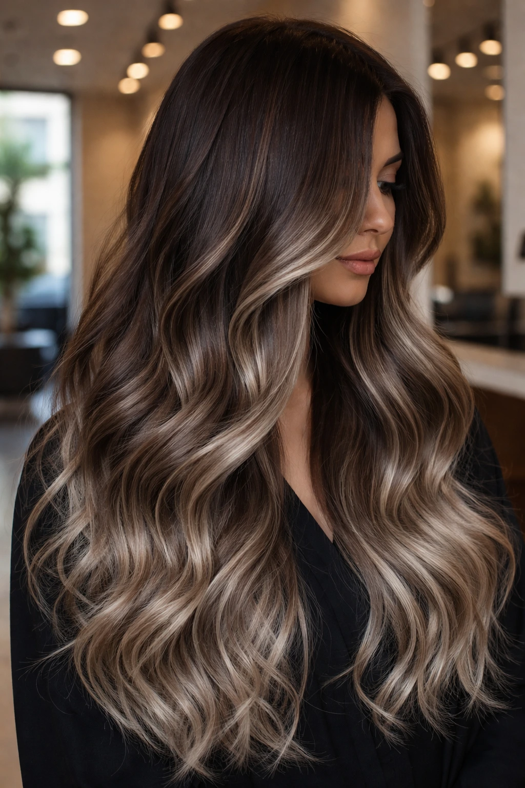Portrait of real person with icy chocolate balayage in salon lighting