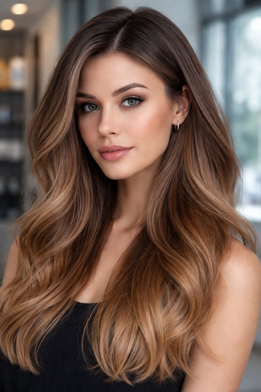 Real woman with icy cinnamon ombre on ash brown roots