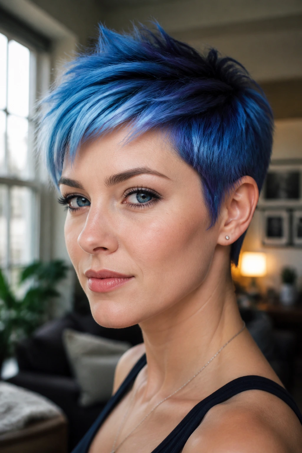 Close-up of a real woman's face with an icy cobalt pixie and dark root