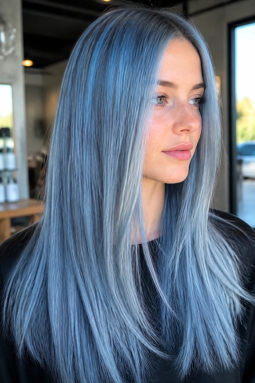 Close-up portrait of a real person with icy denim blue hair in a modern salon