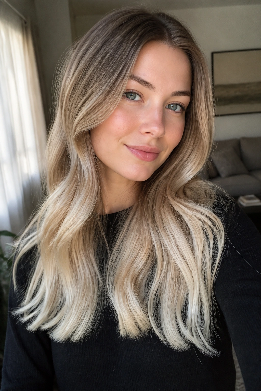 Close-up portrait of a real woman with icy-ends champagne blonde hair catching light.
